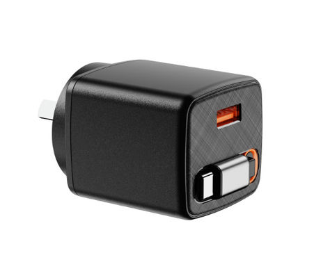 kaufen OEM-Unterstützung kundenspezifischer 30W GaN-Schnellladegerät mit abziehbarem USB-C-Kabel Vollspannung 220V-240V Schwarz online manufacture
