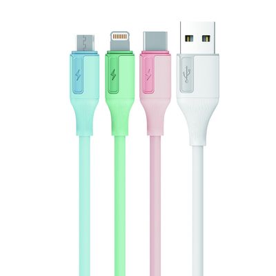 USBA-C/A-M/A-L 2A Charge and Data Transfer Cable with Colorful Silicone Series and Aluminum Connector in Blue White Green and Pink