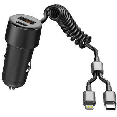 2025 LX Dual Ports USB Car Charger with Spring Wire and USB C/Lighting Cable